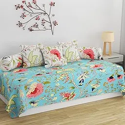 SHOMES Pure Soft Cotton Printed Diwan Set Covers 8 Pieces - 1 Single Bed Sheet (60 X 90) with 3 Cushion (16 X 16), 2 Bolster Covers (16 X 32) - Aqua Floral image 1