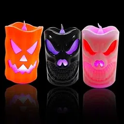 Partysanthe Halloween Candle- Halloween Flameless with Color Changing LED Candle with Pumpkin, Skull, Ghost for Halloween Decorations Random Design 1pc-image-2