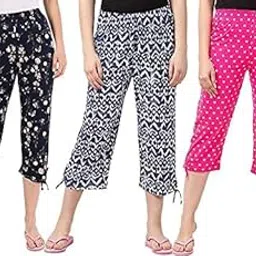ragini v Women's Cotton All Over Print Nightwear Capris Set of 3 (Black,Blue,Pink)-picture-36
