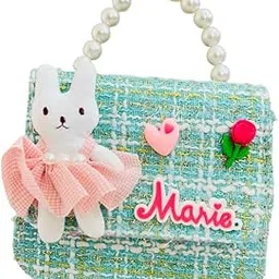 Girls' Tweed Handbag with Pearl Handle, Bunny Design and Rose Accent, Mint Green-picture-51
