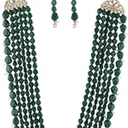 zaveri pearls Green Multi Layers Beaded Long Necklace & Earring Set For Women-ZPFK13749-picture-22