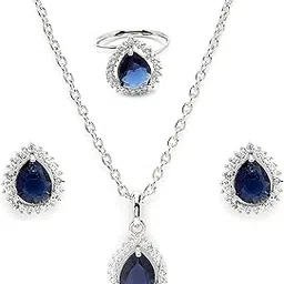 zeneme Silver Plated Luxury American Diamond Tear Drop Halo Crystal Pendant Ring & Earrings Combo Jewellery Set For Women & Gift For Girls-picture-14
