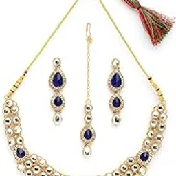 sukkhi Gold Plated Kundan Studded Choker Necklace with Drop Earring Maangtikka Jewellery Set for Women & Girls image 1