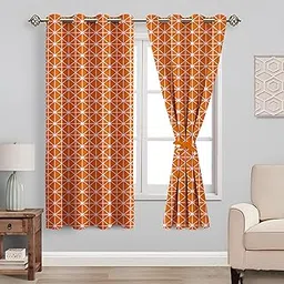 Amazon Basics - Geometric Print Light Filtering Curtains | 100% Cotton 150 TC | Set of 2 | 5 Feet | 115 x 150 cm | Orange | Eyelets & Tiebacks | Ideal for Bedroom and Living Room-picture-23