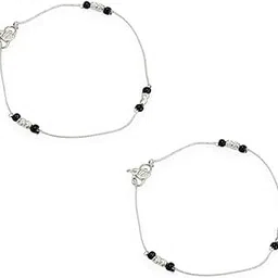 Women's & Girls Silver-Tone Black & Silver Bead Nazariya Anklet Chain Pair with Ghungroo Evil Eye Payal, Pajeb, Leg Chain Nazar Protection Anklets For Gift-image-33