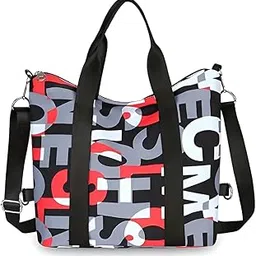 bella carry Women's Large Capacity Gym Bag & Travel Duffel Bag | Stylish Letter Print Tote with Adjustable Shoulder Strap | Waterproof Casual Weekend Bag (Red)-picture-45