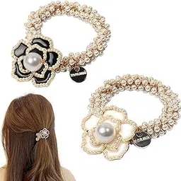 Melodio 2PCS Pearl Beaded Hair Ties for Women, Decorative Flower Bead Elastic Hair Bands, Fancy Pearl Scrunchies, Stylish Ponytail Holders for Daily & Party Hairstyles-picture-58