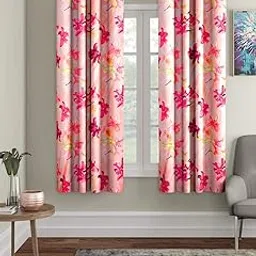 Home Sizzler 2 Pieces 3D Flower Eyelet Polyester Window Curtains - 5 Feet, Pink | Semi-Sheer-image-13