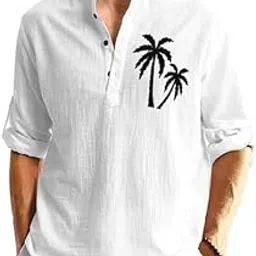 finaxo fashion Men's Cotton Blend Kurta with Palm Tree Print, Mandarin Collar, Roll-up Sleeves, Black-picture-46
