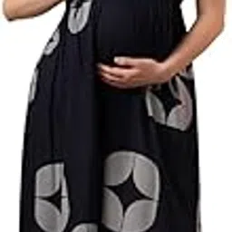 nightspree Women's Rayon Cotton Printed Flared Anarkali Maternity Dress, Feeding Kurti with Concealed Zip for Pre & Post Pregnancy (Blue-M) image 1