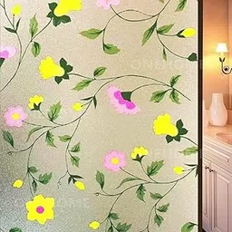ONEHOME Vinyl Frosted Privacy Glass Film for Window | Self Adhesive Decorative Sticker Wallpaper Sheet for Glass Door, Bathroom, Home (Pink Yellow Flowers, 12x25)-image-90