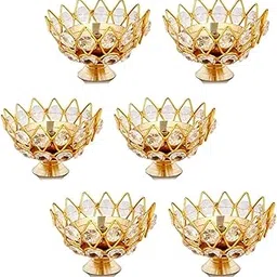 Handcratfed Metal Brass Crystal Lotus Kamal Shape Round Akhand Diya Pack of 6, Crystal Oil Lamp for Home Temple, Diwali, Traditional Rituals, Gifting, Navratri & Decoration Items-picture-37