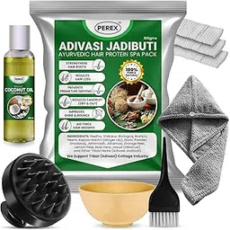 PEREX Adivasi Jadi Buti Hair Protein Pack | Hair Care Kit With 100 ML Premium Coconut Oil, 100 ML Premium Rose Water, Scalp Massager, Applicator Brush, Mixing Bowl,3 X Disposable Shower Caps & Head Towel|-picture-37