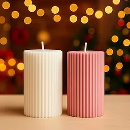 Riri Collections Soy Wax Ribbed Pillar Candles | Set of 2 Lavender Scented Decorative Candles | Home Décor, Diwali, Wedding, Valentine, Christmas, Spa & Dinner Table-picture-20