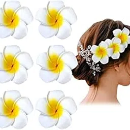 ALIBA COLLECTION 6PCS Hawaiian Flower Hair Clips – Plumeria Foam Hair Accessories for Women & Girls, Strong Grip Claw Clips for Wedding (White, Yellow)-image-7