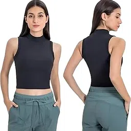 khwaish store Women’s High Neck Ribbed Thermal Inner Fleece Sleeveless Crop Tops Padded Sports Bras Yoga Workout Slim Shockproof Fitness Vest. Pack of 1-picture-13