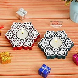 eCraftIndia Wooden Floral Printing Block Decorative Tea Light Candle Holders (Set of 2 Green Red)| Christmas Diwali Decoration Items for Home Office| Christmas Gifts for Women Men Family Friend-picture-24