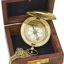 Antique Nautical Brass Compass with Wooden Box, Vintage Push Bottom Design-image-35