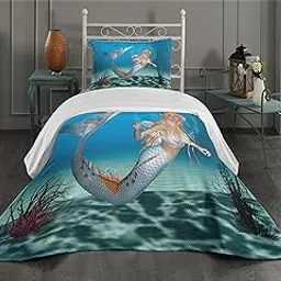 Ambesonne Mermaid Coverlet, Graphic of a Mermaid in Tropical Ocean Creature, 2 Piece Decorative Quilted Bedspread Set with 1 Pillow Sham, Twin Size, Sea Blue Navy-picture-23