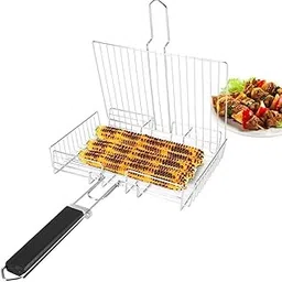 COSKIRA BBQ Grill Basket, Portable Stainless Steel Outdoor Non-Stick Foldable Barbecue Grilling Basket with Removable Wooden Handle, BBQ Accessories for Fish Vegetables Shrimp Meat for Camping-picture-23