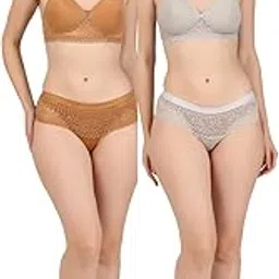 Women's Lace-Trimmed Bralette and Hipster Set, Seamless Comfort, 2 Colors - Beige and Caramel-picture-41