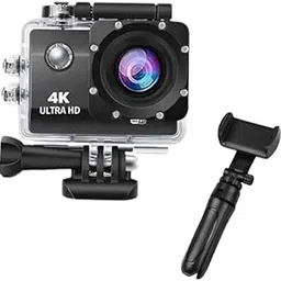 Drumstone Combo Pack of 2 Items- Touch Screen Sports Action Camera, 4K Waterproof Sport Camera,170 Degree Wide WiFi HD Cam, 16MP withMini Tripod with 360 Degree Mobile Attachment Lightweight Portable image 1