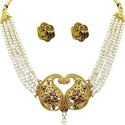 Traditional Pearl Choker Necklace Set for Women with Gold-Plated Peacock Design, Multi-Strand Pearl Chain, Rose Earrings-image-79