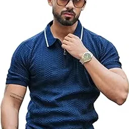 Maniac Mens Rib Textured NavyPolo Neck Half Sleeve Cotton Tshirt-picture-47