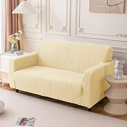 House of Quirk Universal Jacquard Waterproof Crizzle Pattern Fabric Sofa Cover Soft Touching Cover for Couch Flexible Stretch Sofa Slipcover (Two Seater, Beige)-picture-16