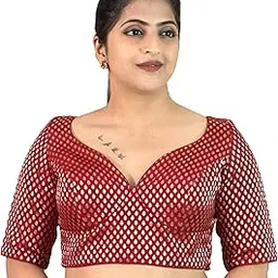 figure's designer Women's Brocade Floral Printed Sabyasachi Cut Elbow Half Sleeves Sweet Heart Neck Readymade Saree Blouse Ethnic Designer Stitched Handmade Top Padded Pink Black B12-picture-14