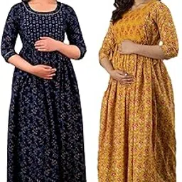 mangla kurti Women's Cotton Floral Printed Maternity Feeding Kurti Maternity Gown Feeding Nighty Ladies Maxi Maternity Dress (Blue Booti/Yellow) M-picture-12