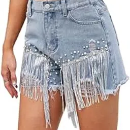mippo Women’s Washed Denim Shorts with Diamond Bead Detail | Mid-Rise Pants-picture-26