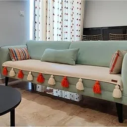 WWW.THROWPILLOW.IN Neutral Sofa Cover White Orange Tassels: Sofa Cover: Heavy Weight Performance Fabric, Anti-Slip, Anti Wrinkle: Seat Coverage -Fits 2 Seater Sofa, Size: 65 x 120 CMS -1 Piece-picture-57