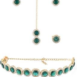 zaveri pearls Green Dazzling Stones Necklace Earring Maangtikka & Ring Set For Women-ZPFK14600-picture-41