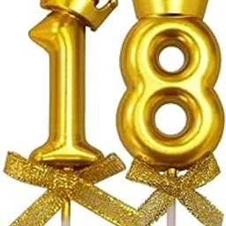 FI - FLICK IN 2 Pc 18 Candle for Birthday Cake Metallic Gold With Crown on Top for Anniversary Cake Topper 18th Birthday Cake Decoration 0-9 Number Candles (Pack of 2, Gold)-picture-27