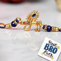 eCraftIndia Unisex Adult Blue & Golden Krishna Flute With Peacock Feather Designer Rakhi With Roli Chawal Pack And Raksha Bandhan Greeting Card - Rakhi For Brother-picture-44