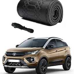 Car Steering Wheel Cover with Needle Thread Leather Sleeve Anti-Slip Breathable Full Black Color Suitable for Tata Nexon-image-8