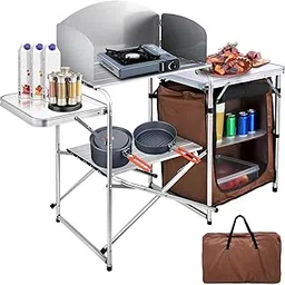 VEVOR Camping Kitchen Table, Aluminum Portable Folding Camp Cook Station with Windscreen, Cupboard, Storage Organizer, Carrying Bag, Quick Installation for Outdoor Picnic Beach BBQ RV Traveling, Brown-image-12