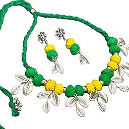 Jewellery for Less Trendy Flower Design Pendant Beaded Cotton Balls Handcrafted Necklace Set with Adjustable Thread Women & Girls. (yellow,greem)-picture-35