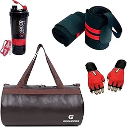 GROUPERS Combo Set of Duffle PU Leather Bag with Shaker Bottle-500ml, Gloves & Wrist Bag (Brown)-picture-53
