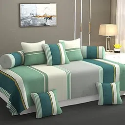 Decozom Stylish Threads Heavy Cotton 8 Pieces Diwan Set ||1 Single Bedsheet, 2 Bolster Covers, 5 Cushion Covers || :- Green Stripe-picture-19
