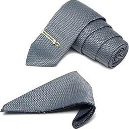 mutaqinoti Mens Grey Woven Premium Silk Necktie Suit Accessories Set With Pocket Square And Golden Tie Pin (TEGPGY02)-picture-21