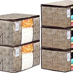 Kuber Industries Metallic Printed Non Woven 3 Pieces Saree Cover and 2 Pieces Underbed Storage Bag, Cloth Organizer for Storage, Blanket Cover Combo Set (Gold & Brown) -CTKTC038598-picture-26