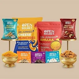 Open Secret Diwali Party Snack Box | Assorted Healthy Snacks & Nuts | Chocolate, Cookies, Cashews, Bhujia, Cheese Puffs & Cookies | Fun Treats for Friends & Family-picture-58