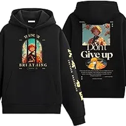 Eshaaver Anime Inspired Design Unisex Pullover Hoodie, Black, Graphic Print Front and Back-picture-34