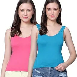 Women's Regular Fit Sleeveless Cotton Camisole Spaghetti, Combo Pack of 2Camisole Tops (Blue Pink - XL)-picture-22