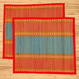 ORRIC Floor Mats 18x18 Inches Natural Fiber/River Grass/Madurkathi Handcrafted Pooja Floor Mats/Sitting Mat/Meditation Prayer Mat/Chatai/Aasan Set of 2 (Red with Blue)-picture-11