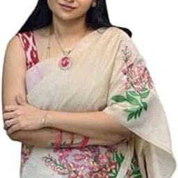 Women Digital Printed Plain Cotton Linen Saree With Blouse Pcs (Main)-image-5