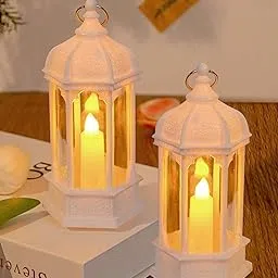 Homesake® 2 pcs Flameless and Smokeless Acrylic Antique LED Lantern Hurricane Lamp and Wall Hanging Led Candle Light for Home,Living Room for Diwali Decorations, Candle Lantern, (White)-image-16