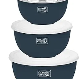 CLASSIC ESSENTIALS Stainless Steel Microwave Safe Mixing Bowls Set with Lid | Food Serving and Storage Containers | Scratch Resistant | Set of 3 (500 ml, 750 ml & 1250 ml) Blue-image-9
